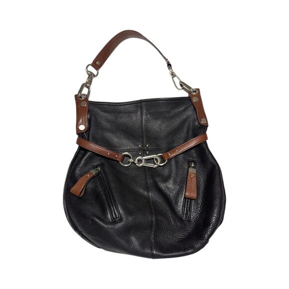B Makowsky Leather Hobo Bag Shoulder Purse Black Brown Front Latch Slouchy Basic - Picture 1 of 5